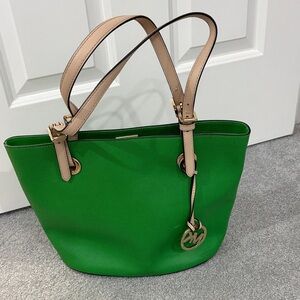 Michael Kors Vibrant Green Tote with Beige Straps